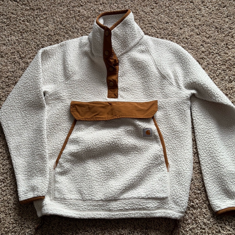 Carhartt Cream Sherpa Teddy Jacket with Brown Trim